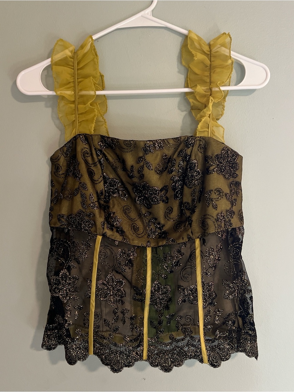 Fairy Core green ruffle Y2K Euro Summer Sheer Lace Whimsy Goth Embroidered Top S